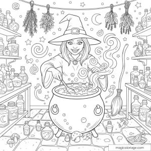 Sorcière créant une potion magique avec chaudron et bouteilles