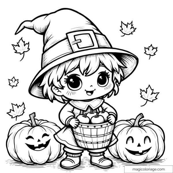 Cute witch in pointy hat with pumpkins and flying leaves.