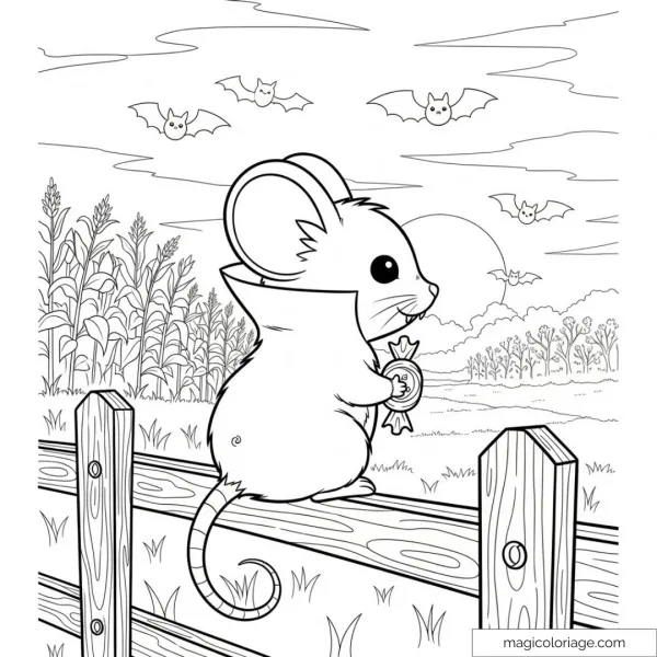 Picture of a vampire mouse with candy and bats in the sky.