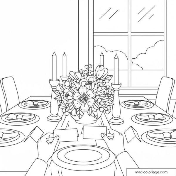 Coloring page: table decorated with candles and floral bouquet.