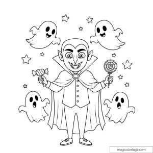 Dessin vampire mignon entouré de fantômes et bonbons