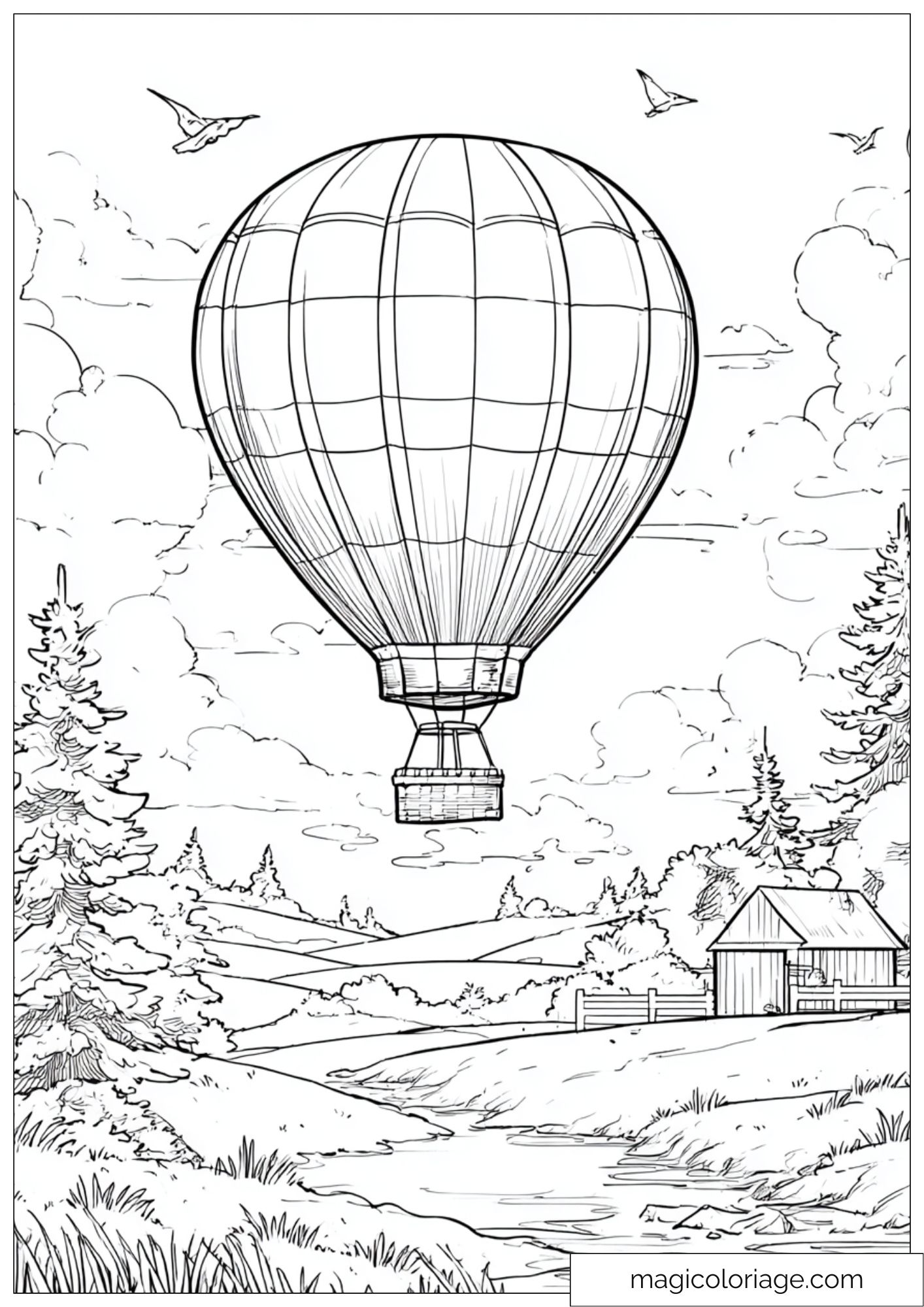 Drawing of a hot air balloon flying over peaceful countryside
