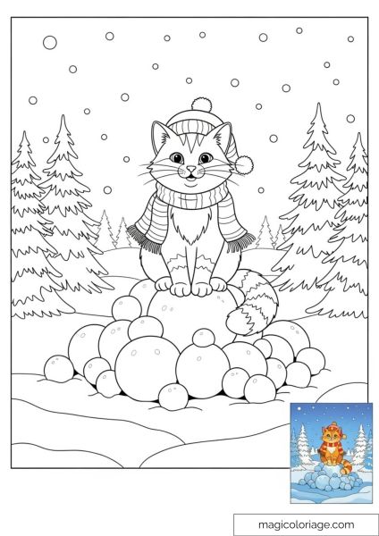 Cute cat drawing in winter wearing hat and scarf with snowy landscape