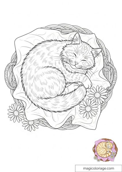 Sleeping cat in a basket with flowers and cushion