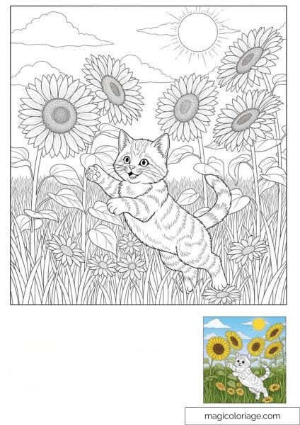 Cat jumping among sunflowers in the sunshine.
