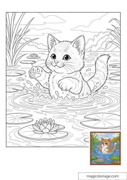 Cute kitten playing in a pond with water lilies and color pattern.