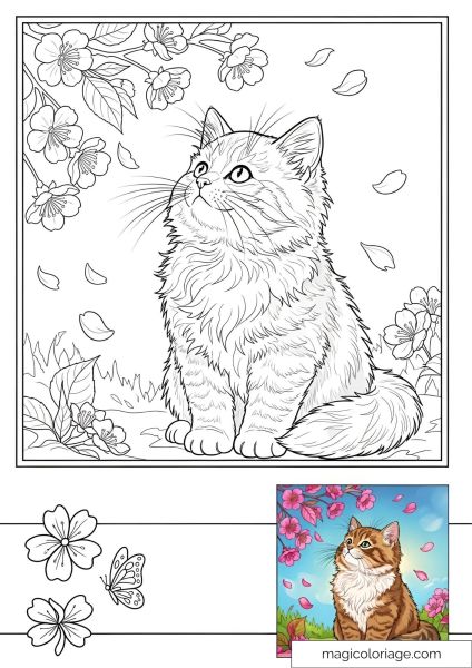 Kitten sitting under cherry blossoms with petals flying.