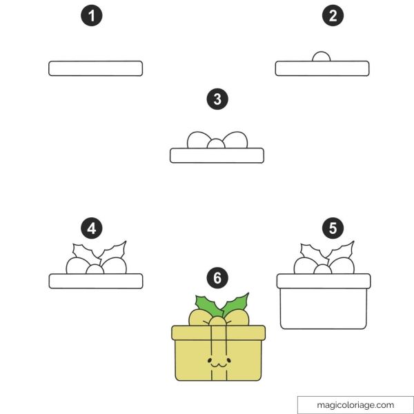 Step by step drawing of a cute gift with holly leaves.