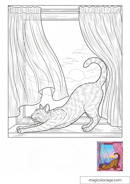 Drawing of a cat stretched out in front of a window