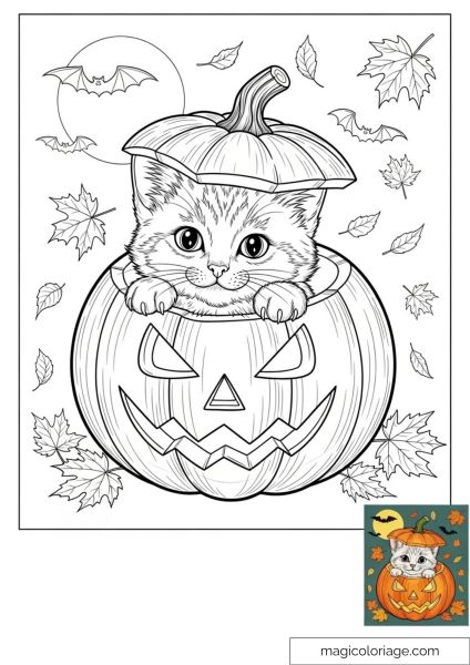 Kitten in pumpkin with leaves