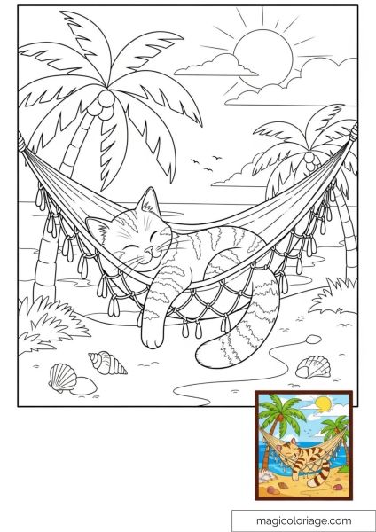 Cute cat sleeping on a hammock between palm trees.