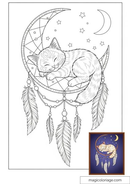 Sleeping cat on dreamcatcher with moon and stars