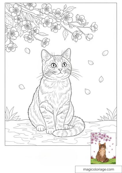 Cat sitting under cherry blossoms with falling leaves