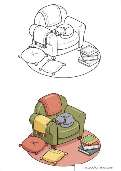 Sleeping cat on green armchair with colorful cushions and books