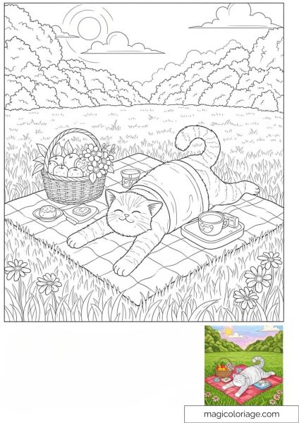 Cat on picnic blanket with fruit basket and clear sky.