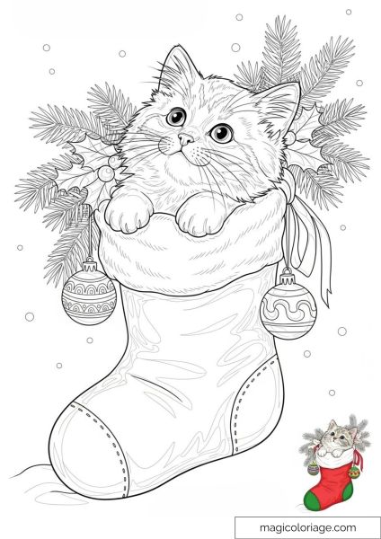 Cute kitten in Christmas boot with ornaments and fir branches