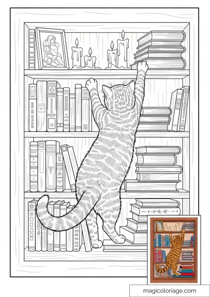 Striped cat climbs on a shelf of books with candles