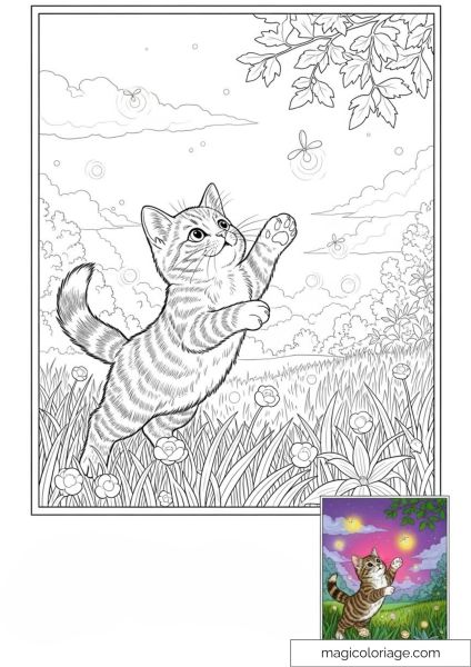 Striped cat playing in the grass under fireflies and a starry sky.
