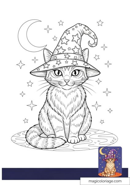 Cute cat with star hat and crescent moon.