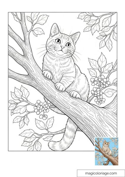 Cat in a tree coloring page with color template included