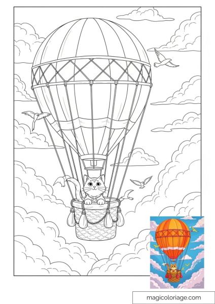 Cat flying in hot air balloon with sky and birds