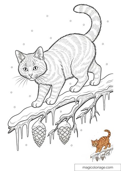 Cat walking on a snowy branch