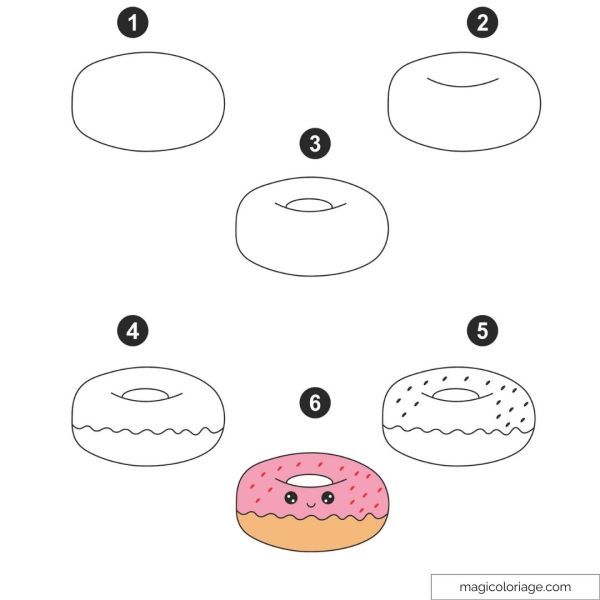 Step by step drawing of a kawaii donut with pink icing and cute eyes.