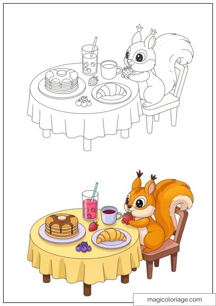 Cute squirrel with breakfast table