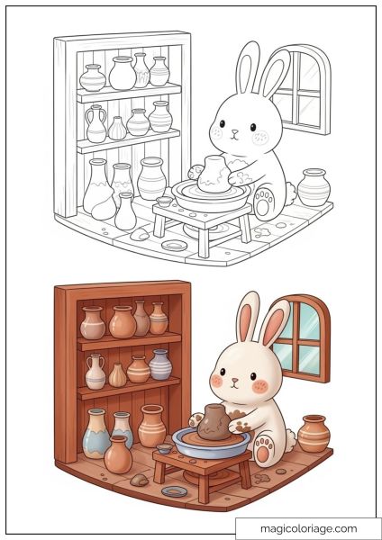 Pottery drawing with rabbit and shelf of vases to color.