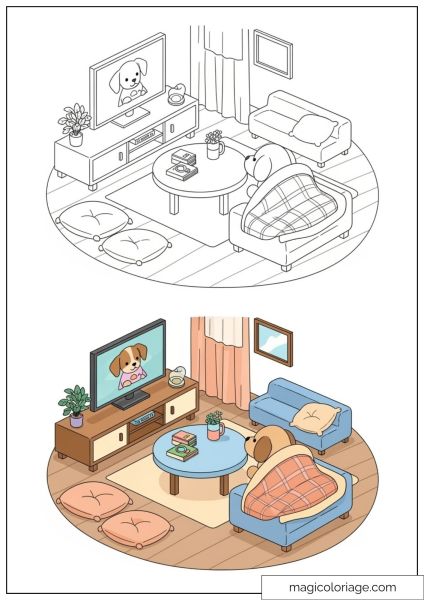 Dog in a warm living room watching TV