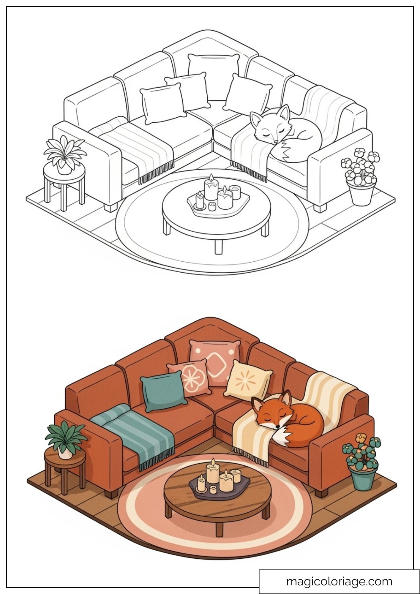 Dibujo de sala acogedora con zorro y plantas para colorear