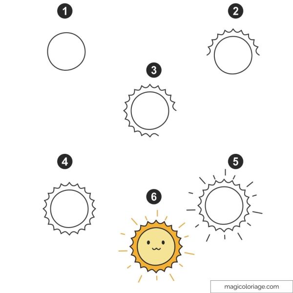 Cute sun drawing with face and colorful rays.