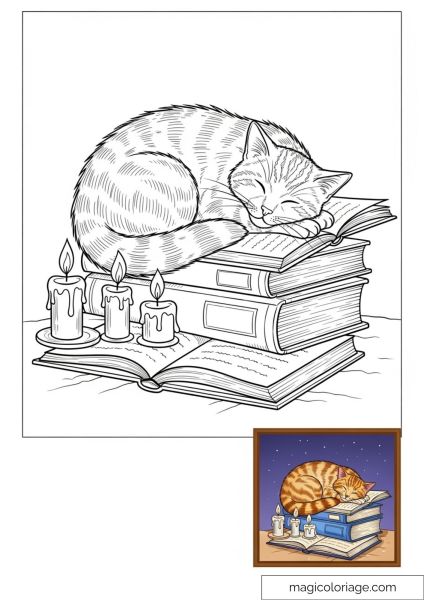 Sleeping cat on books with candles