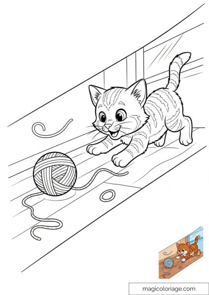 Cute kitten playing with ball of yarn on the floor.