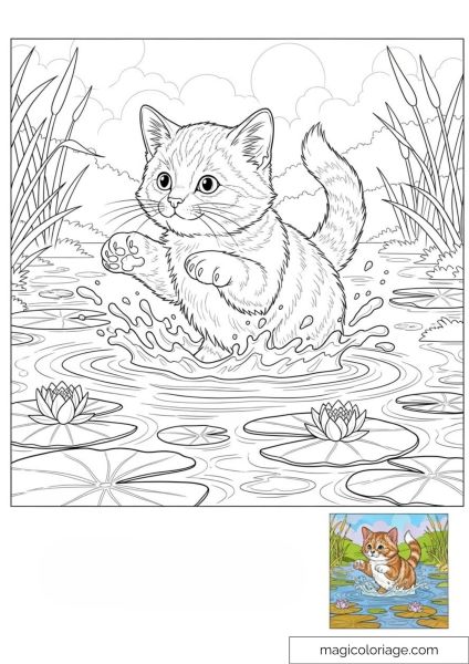 Cute kitten playing in the water with water lilies and reeds