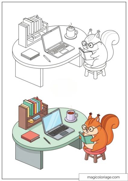 Squirrel reading next to a desk with computer and books