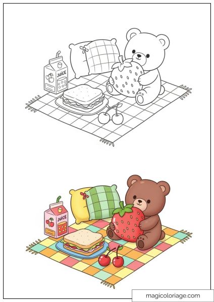 Brown bear with a strawberry on a colorful picnic blanket.