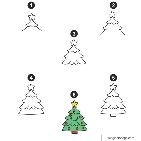 Christmas tree drawing with stars and colorful decorations