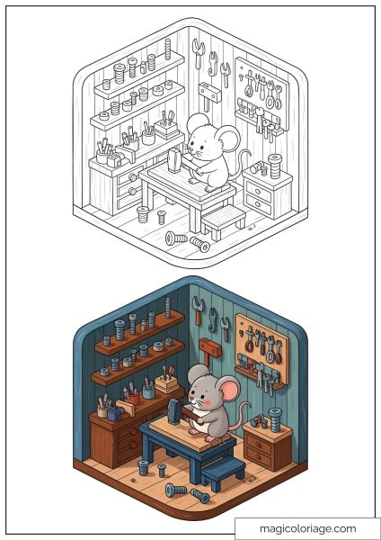 Coloring mouse in wood workshop with tools and workbench.