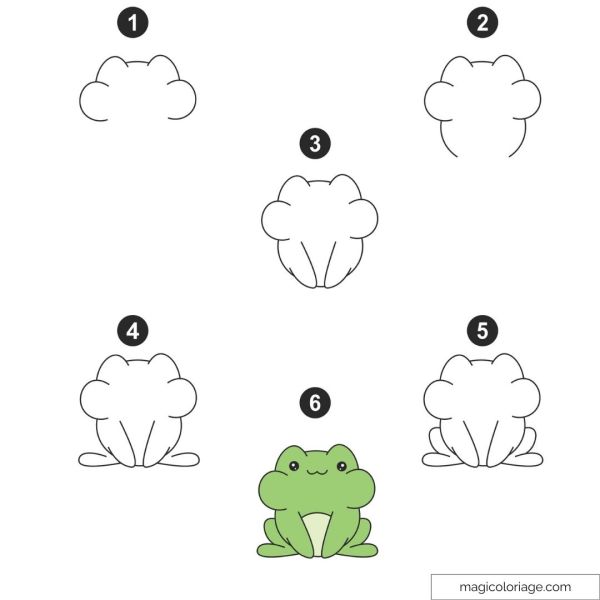 Kawaii frog drawing simple steps for kids and beginners.