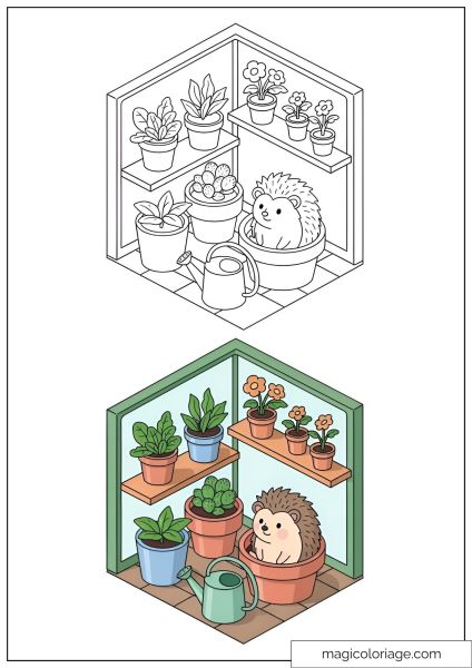 Hedgehog and potted plants coloring page