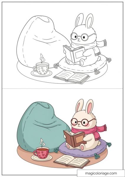 Reading bunny with cushions and cup of tea