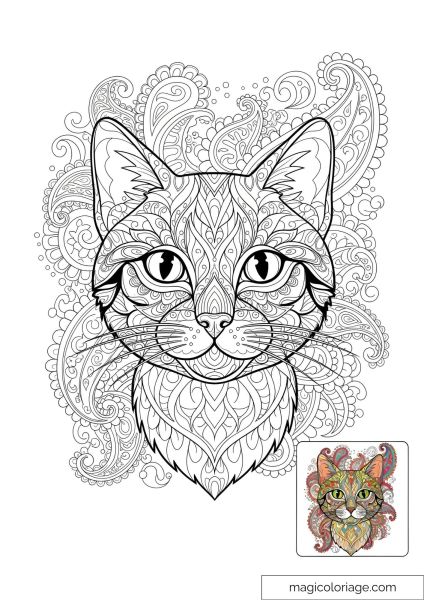 Intricate cat mandala with floral patterns to color