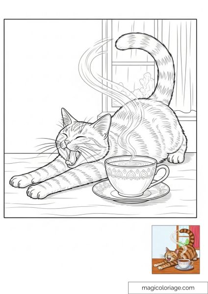 Cute cat stretching near a steaming cup by a window.