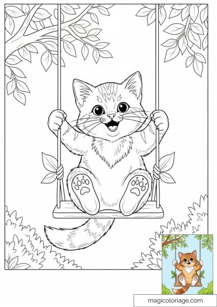 Happy kitten sitting on a swing among branches and leaves.