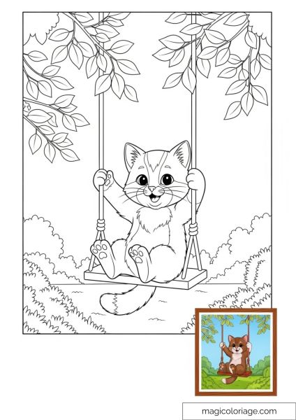 Cute kitten on swing in the forest coloring page.