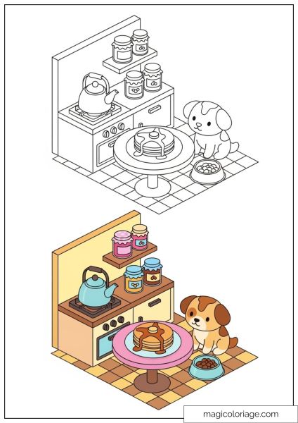 Cute dog in a colorful kitchen with pancakes on the table.