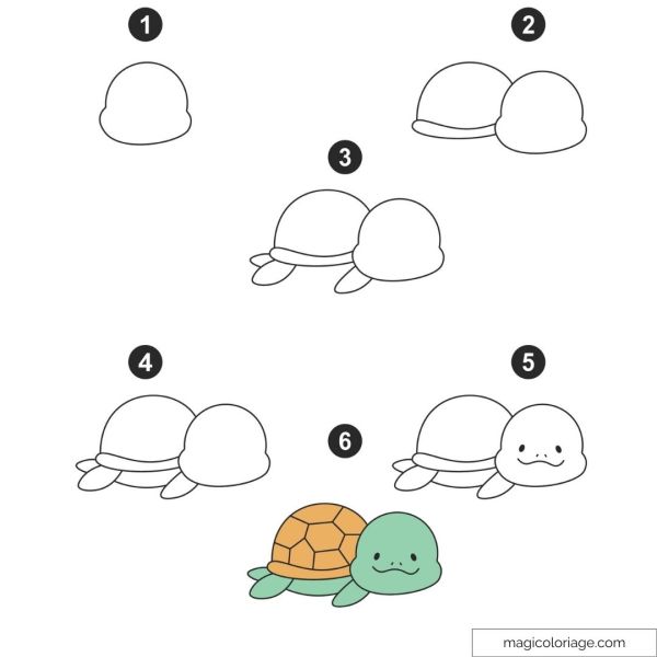 Drawing tutorial showing the steps to make a cute and simple turtle.