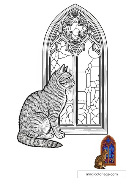 Cat in front of a stained glass window in an intricate artistic style.