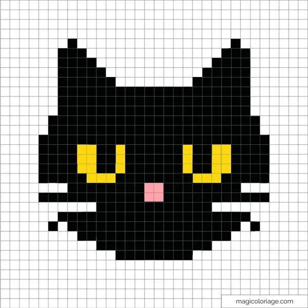 Pixel art chat noir avec yeux jaunes et mignon nez rose